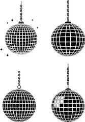 Set of Disco Ball Silhouettes Hanging with Reflections – Clean Black Vector Icons on White Background