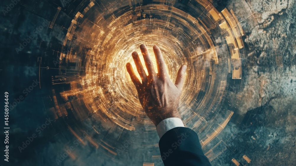 Aufkleber top view of businessman hand working with modern technology and digital layer effect as business str