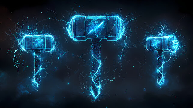 A formidable hammer displayed surrounded by electric energy in three unique positions. [Electric Myths] | Neon Archons | radiant rulers. Illustration
