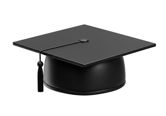 A single black graduation cap with tassel on a white background in a studio shot rendering style