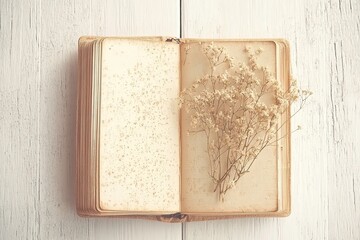 The top view shows an open notebook and a pencil on a white wooden desk