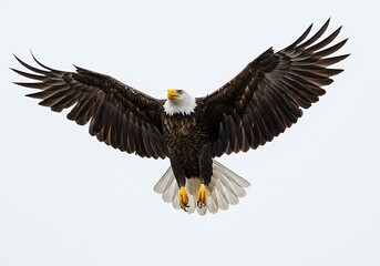 Fototapeta premium A bald eagle soars through the sky with its wings fully extended against a white background above
