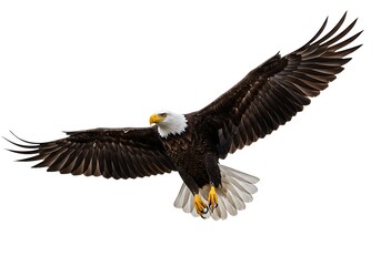 Obraz premium A bald eagle with its wings spread wide soars against a bright white and clean background image here