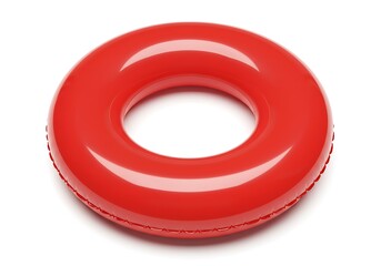 A bright red inflatable ring floating device centered on a plain white background with soft shadows