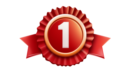 Red rosette with the number one in the center isolated on transparent background	