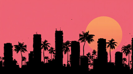 Cityscape silhouette with palm trees and sunset, vector illustration miami beach skyline art design.