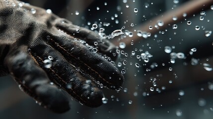 Suspended sweat drops industrial workshop realistic photograph close-up dynamic action