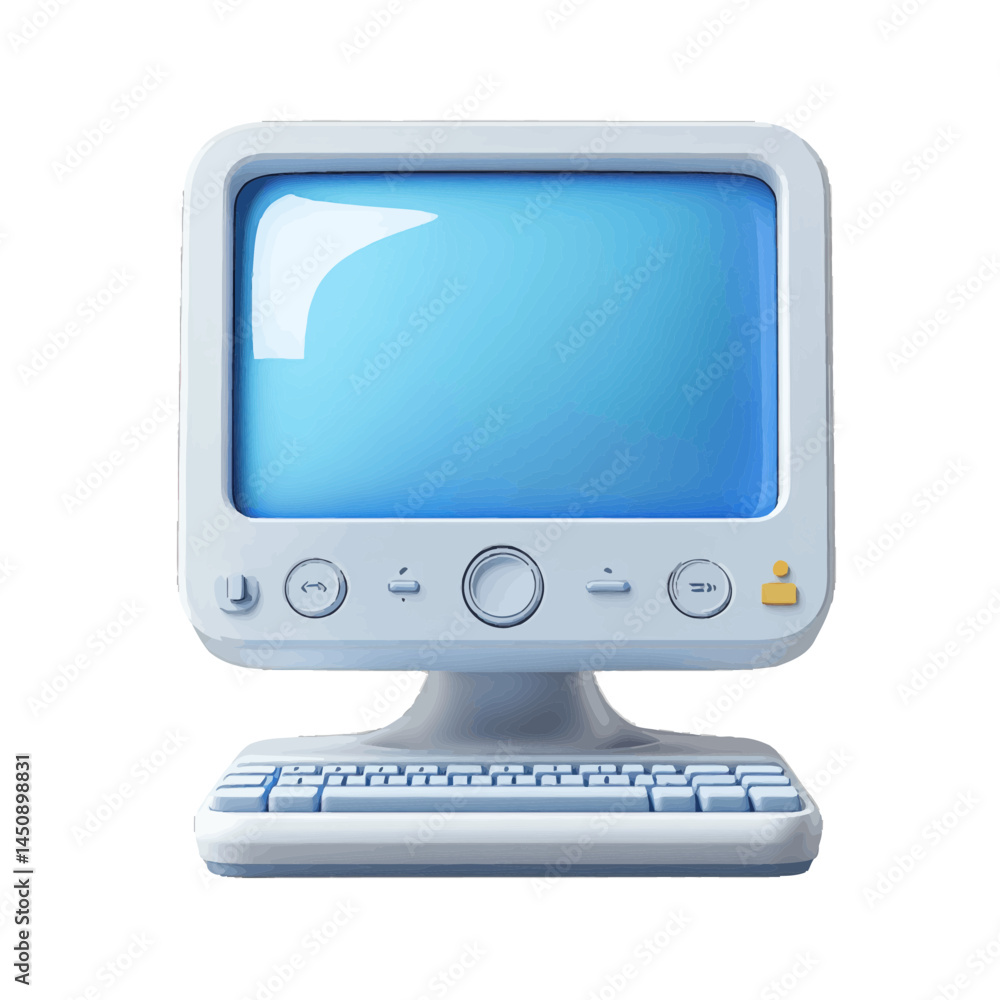 Poster volumetric depiction of a retro desktop computer icon in simplistic design with blue screen and keyb