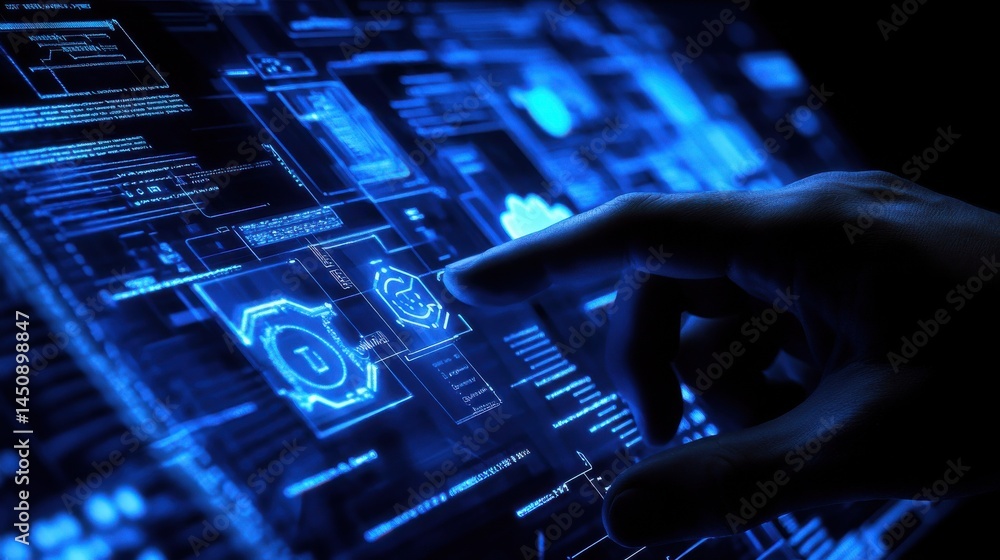 Poster businessman hand working with a cloud computing diagram on the new computer interface as concept ill