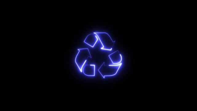glowing neon recycle-triangular-symbol-of-three-arrows-rotation icon animation black background. 4K Video motion graphic animation.