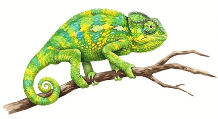 Obraz premium Detailed watercolor painting of a chameleon with yellow, green, and blue scales on branch.
