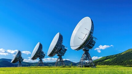 Satellite dish array in green field under blue sky
