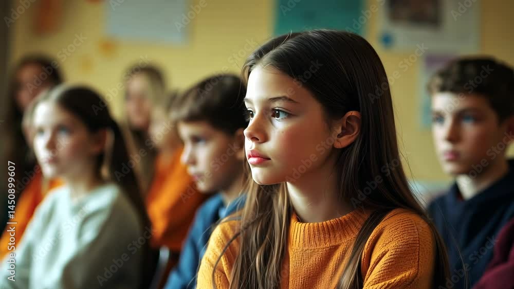 Poster student focuses while practicing speech in classroom with peers listening attentively during a schoo