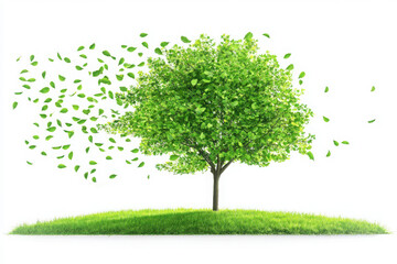 Obraz premium Green tree with leaves blowing on white background