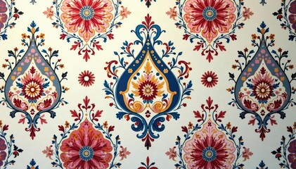 Subtle paisley damask motif, repeating in soft hues, surface, antique, subtle