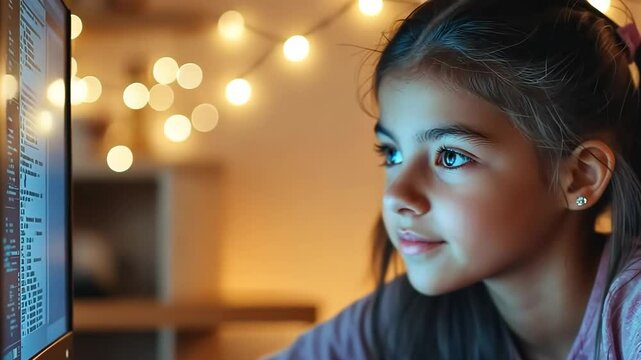 Girl focused on online class while interacting with educational content at home