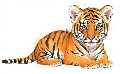 Obraz premium Watercolor illustration of a Bengal tiger cub lying down and looking at the viewer.
