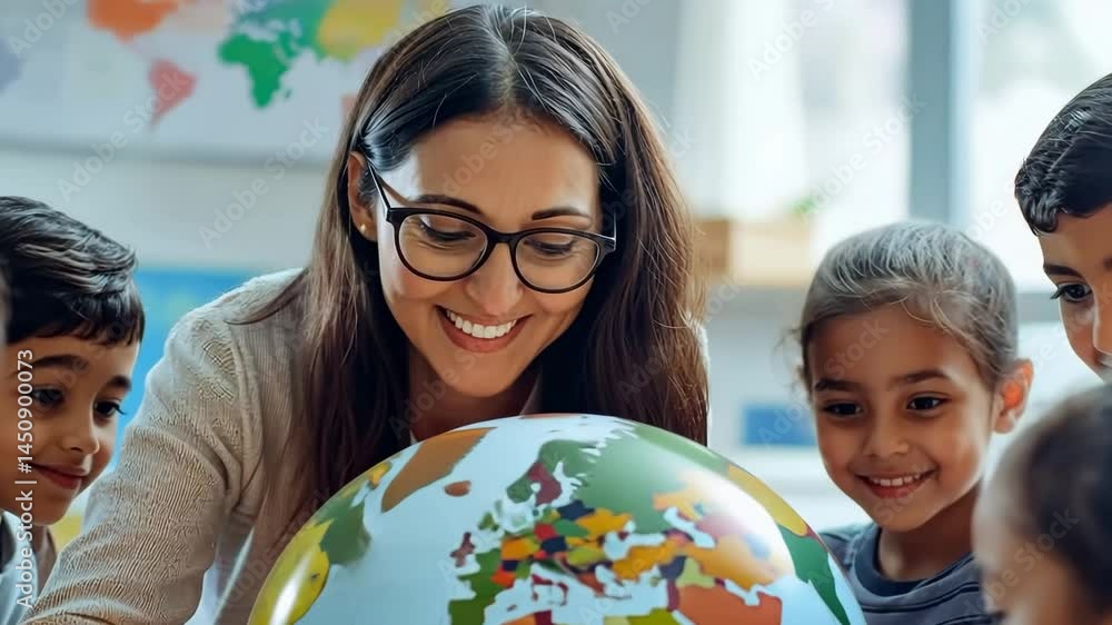 Poster elementary students engage in learning about geography with a teacher using a globe in an interactiv