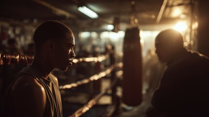 Obraz premium Boxing training session gym photograph intense atmosphere side view young boxer listening