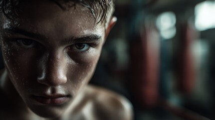 Fototapeta premium Young boxer preparing for fight gym realistic photograph intense environment close-up nervous emotion