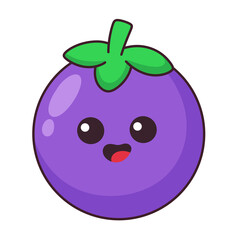 Cute mangosteen cartoon with happy face and green leaf in kawaii style isolated on transparent background.