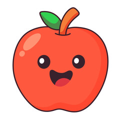 Red apple cartoon with smiling face and green leaf in kawaii style isolated on transparent background.