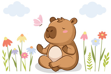Cute capybara yoga in a field with flowers and butterflies