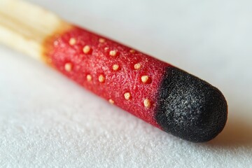 Closeup of burnt matchstick tip with textured surface and red phosphorus head
