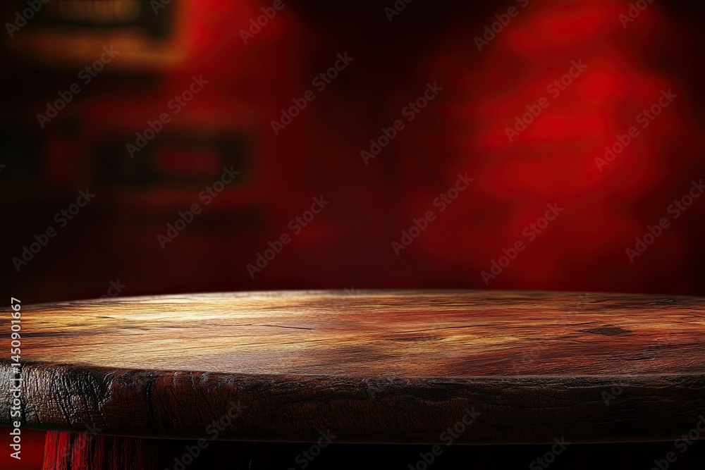 Aufkleber an empty wood table and a blurred glass window in a restaurant setting form a banner mock-up with an