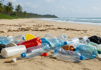 Plastic debris on a sandy beach. Environmental pollution and global waste problem concept for climate change and earth day awareness.