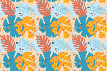 A bright pattern with tropical leaves on two backgrounds, yellow and transporant. Pink, blue, dark green pastel colors. For textiles, flyers, postcards.