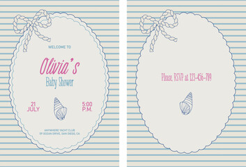 Nautical Baby shower invitation template with cute rope's bow and seashell in whimsical girly style ready for printing. Baby Girl postcard.
