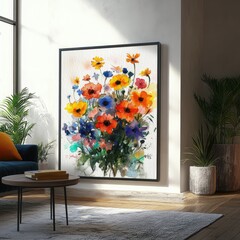 Vibrant floral watercolor painting in modern living room