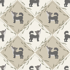  Cute baby wolfs wallpapers. Vector seamless pattern with wild forest anima and leaves. Nursery fabric design
