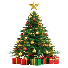 Decorated christmas tree with gifts on transparent background