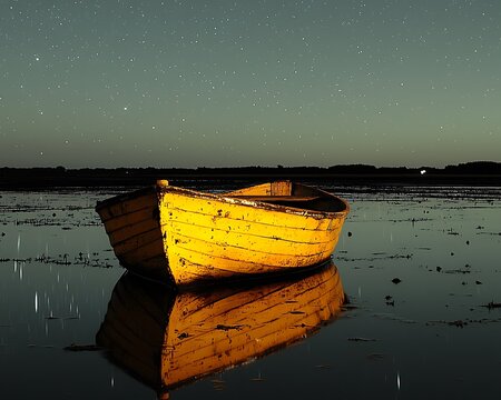 Solitary yellow boat on calm water under a starry night