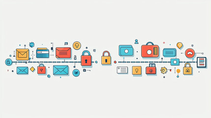 Secure online transactions and communications.  A visual representation of various secure communication methods and digital transactions.  Icons for emails, payments,