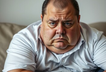 Overweight male with a gloomy expression