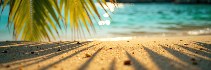 A serene beach with golden sand and palm tree shadows, turquoise water, and sunlight sparkling on the waves.