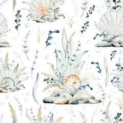 Seamless pattern of beige sea shells, seaweed, starfish and pebbles watercolor illustration. Hand drawn ocean clams clipart for marine and seaside designs in monochrome pastel colors.