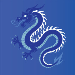  illustration of a dragon in shades of blue and white. The dragon features a sinuous body with a segmented design