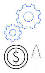 Blue gears, black dollar sign inside a circle, and tree outline emphasize innovation, economy, nature, growth, balance, sustainability and collaboration. Ideal for business growth visual