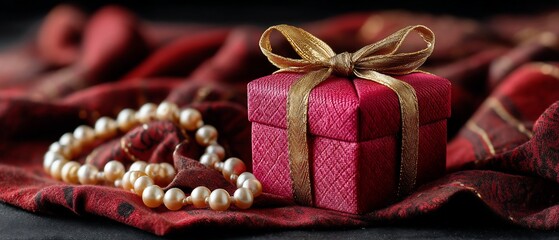 Crimson gift box and pearls