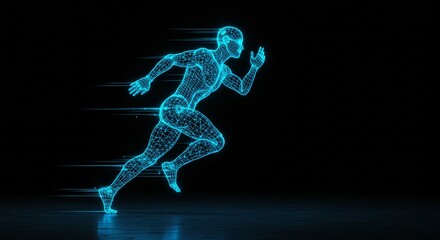 Fototapeta premium A blue wireframe human figure in mid-run, emphasizing speed and technology integration.