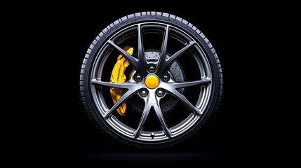 A new alloy wheel with tire and yellow carbon ceramic brakes is shown against a black background.  The wheel and tire are isolated, showcasing the alloy rim and disc
