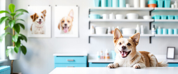 Cheerful dog smiling on a clean countertop in a modern veterinary clinic with pet portraits on the wall, ideal for blogs, educational content, and animal care websites