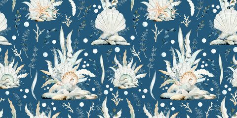 Seamless pattern of beige sea shells, seaweed, starfish and pebbles watercolor illustration. Hand drawn ocean clams clipart for marine and seaside designs in monochrome pastel colors.