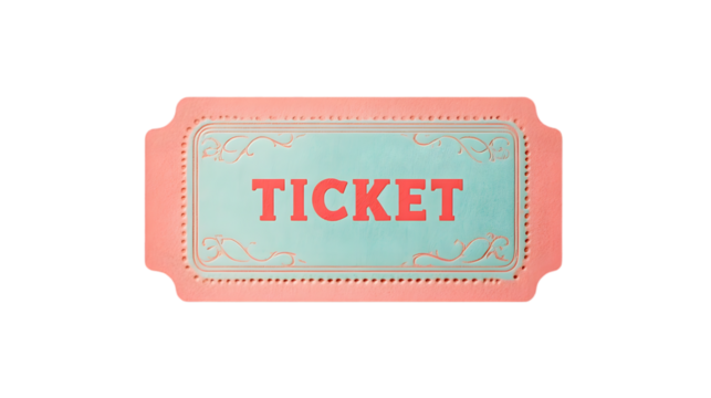 A single ticket with a pink border and light blue center with the word ticket in red letters