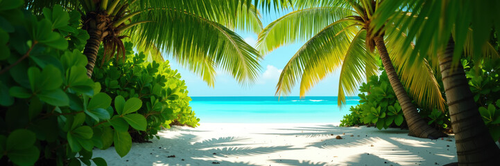 Obraz premium A serene tropical beach framed by lush palm trees and vibrant green foliage, leading to crystal-clear turquoise waters under a bright sky.