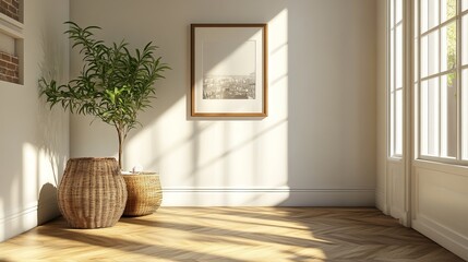 A white-walled room with brown parquet flooring features home furnishings, including a framed picture and a plant in a vase.
 